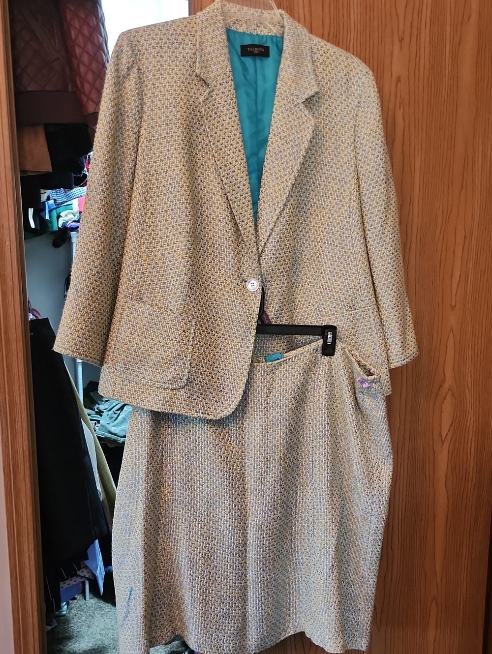 Talbots Cream and Light Blue Tweed Blazer with Skirt